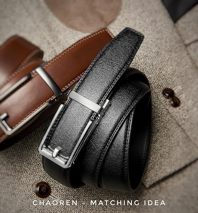 CHAOREN Click Belts for Men 2 Pack - Mens Ratchet Leather Belt 1 3/8" for Dress and Casual - Micro Adjustable Belt Fit - Image 2
